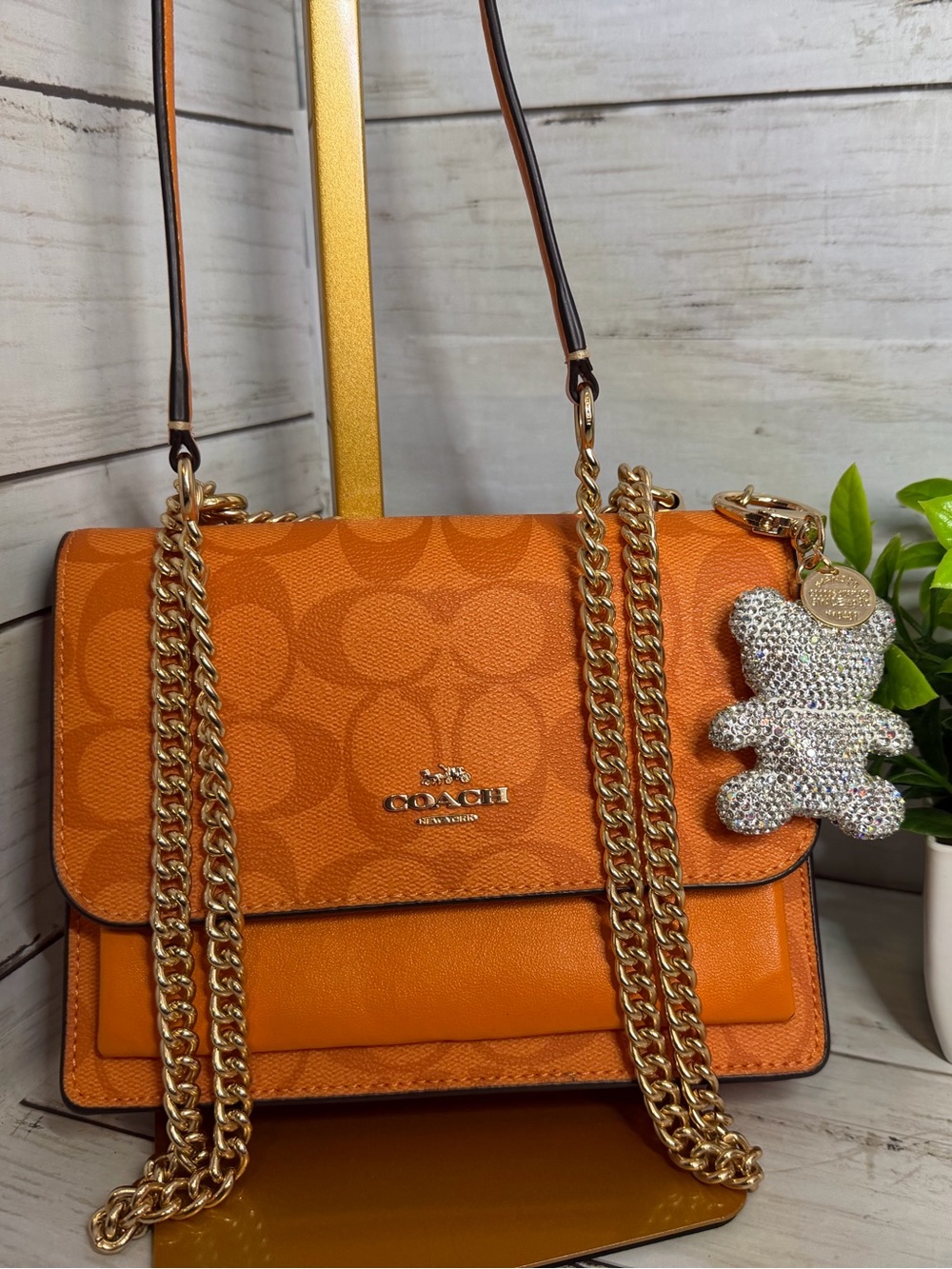Coach Orange Signature Chain Shoulder Bag with Crystal Teddy Charm